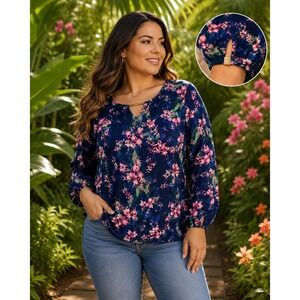 Palm Grove Blouse Womens Large Navy Blue Floral Tropical Rayon Long Sleeve